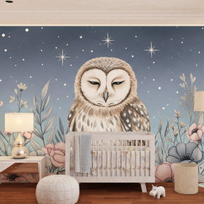 Owl themed mural wallpaper with soft pastel flowers for baby room by Kids-Mundo