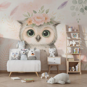 Nature-themed owl wallpaper with soft green foliage in modern kids room by Kids-Mundo