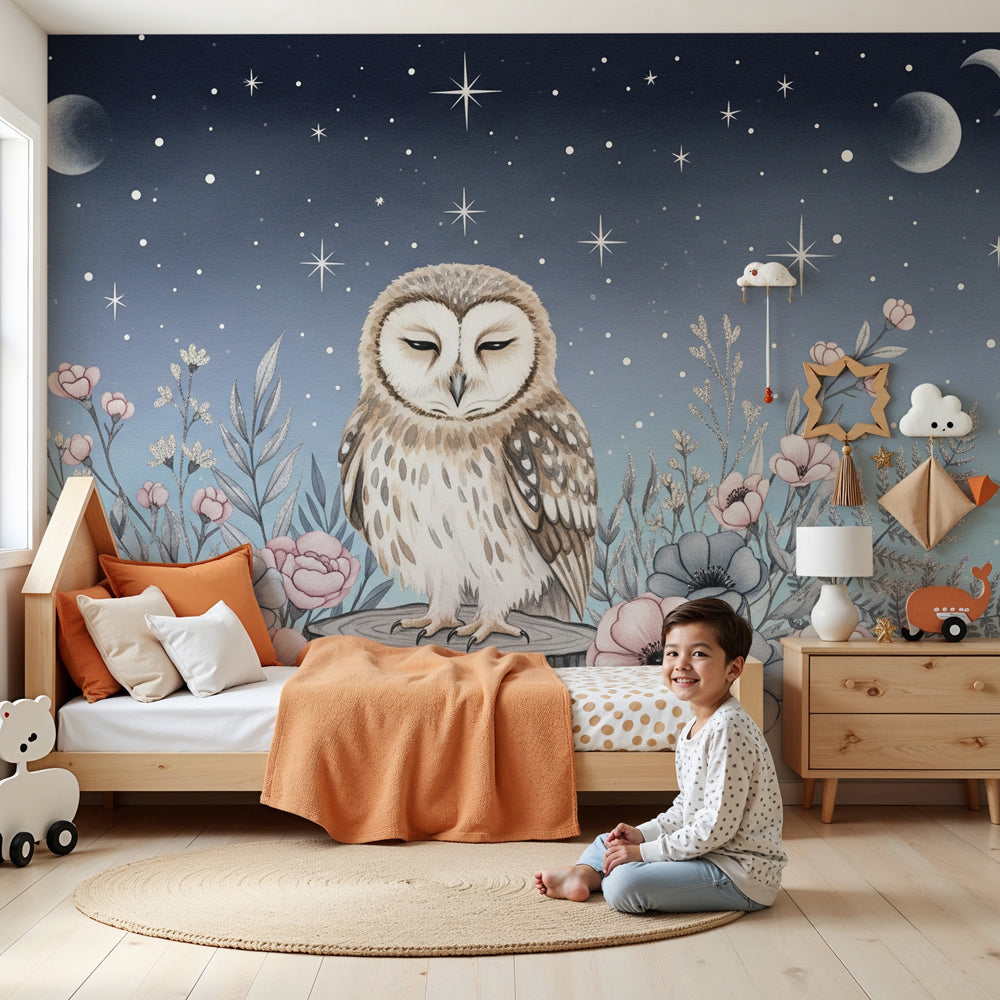 Owl mural wallpaper with starry night sky in modern nursery room by Kids-Mundo