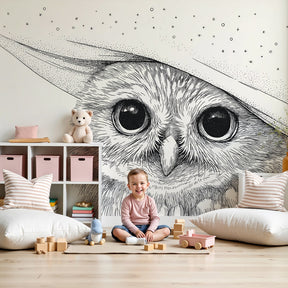 Mystical owl mural wallpaper creating dreamy starry night atmosphere in baby nursery by Kids-Mundo