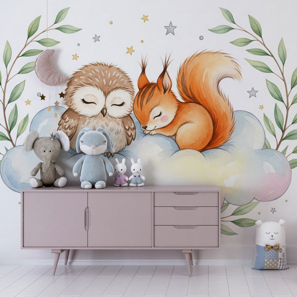 Dreamy owl wallpaper transforming toddler bedroom into magical woodland sanctuary