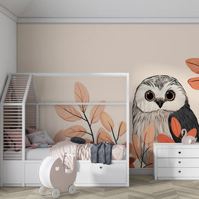 Curious owl wallpaper creating cozy autumn atmosphere in children's bedroom decor