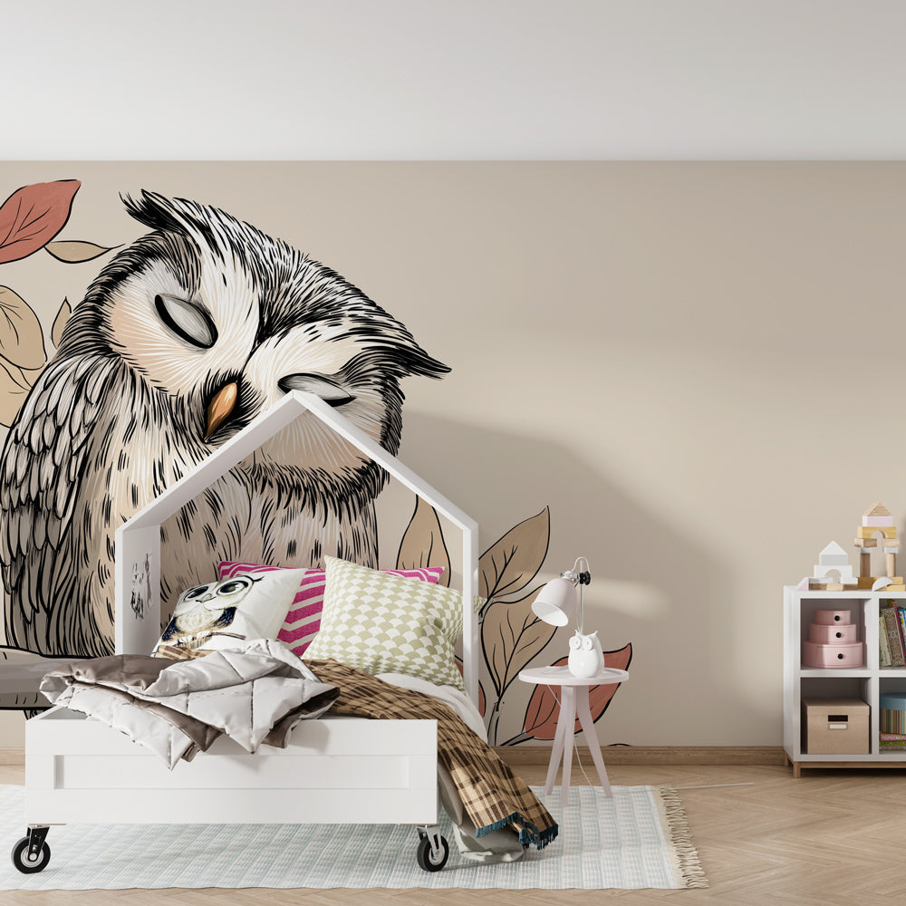 Sleeping owl branch wallpaper in neutral nursery decor with natural wooden furniture
