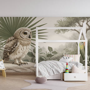 Children's room featuring owl mural wallpaper with lush botanical elements by Kids-Mundo
