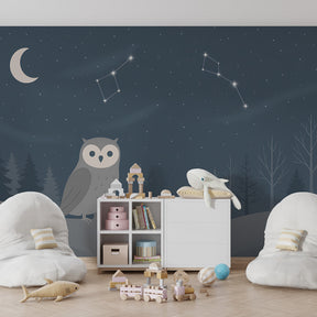 Close-up view of owl and stars mural wallpaper showing detailed nighttime scene for children's rooms