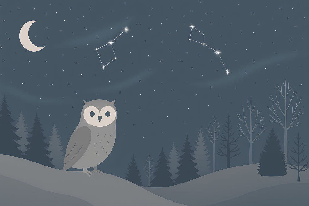 Detailed owl stars mural wallpaper design pattern featuring nighttime sky and peaceful owl by Kids-Mundo