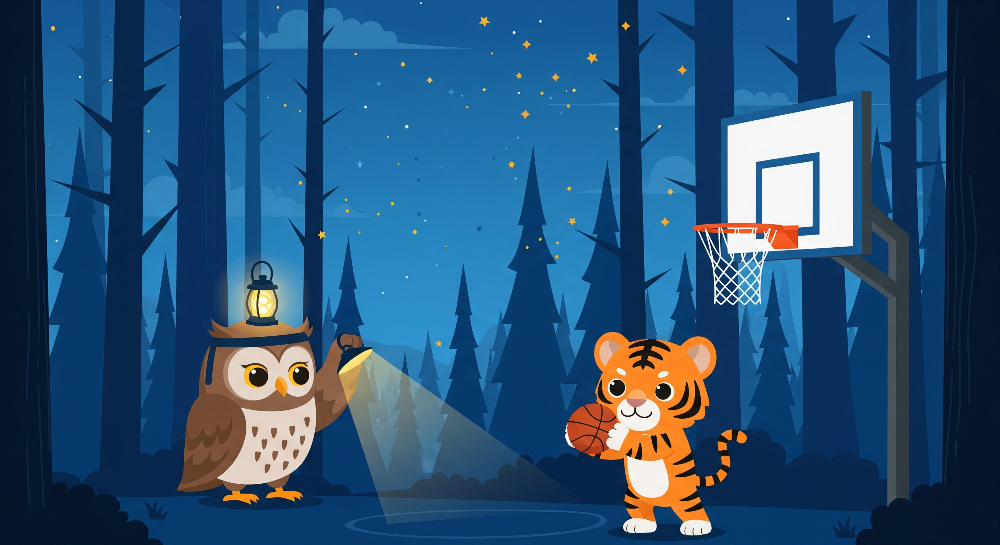 Kids-Mundo flat artwork of an owl with a lantern and a tiger cub holding a basketball under starry skies