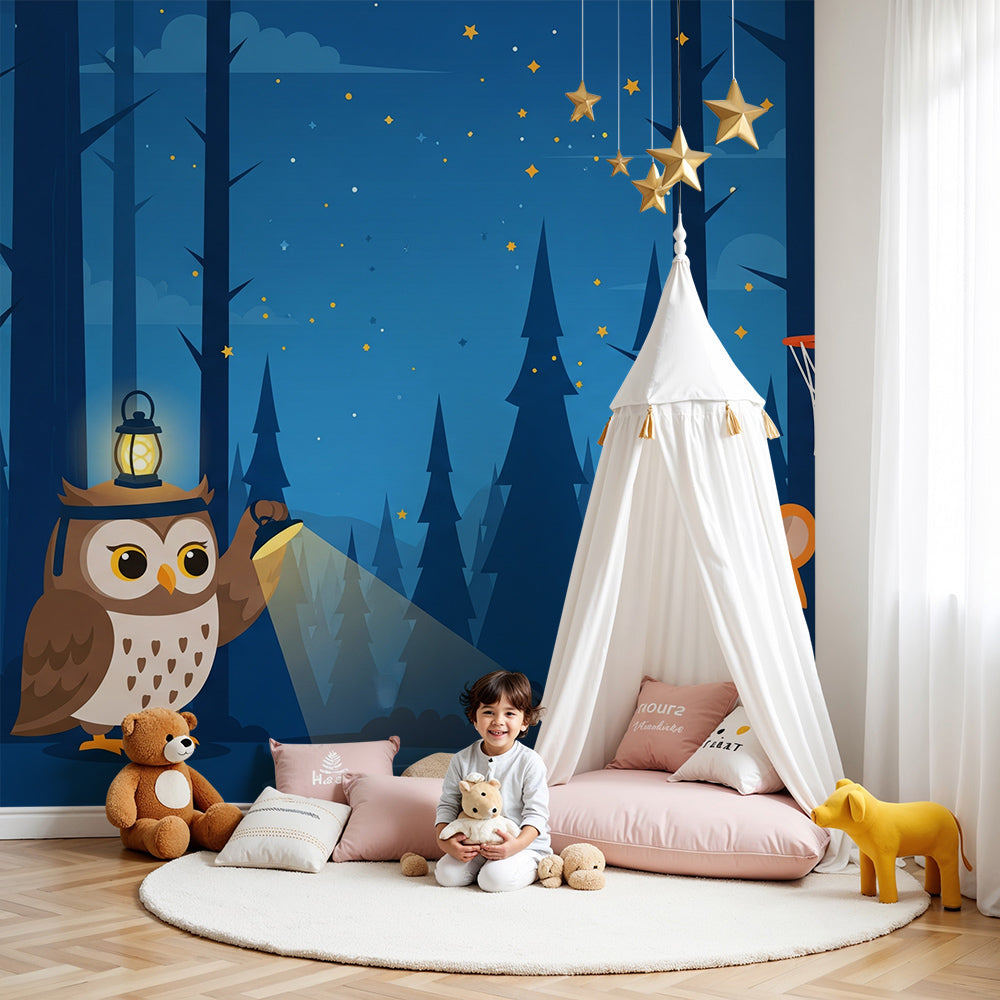 Kids-Mundo owl and tiger night forest basketball wall mural shown behind a cot in a nursery