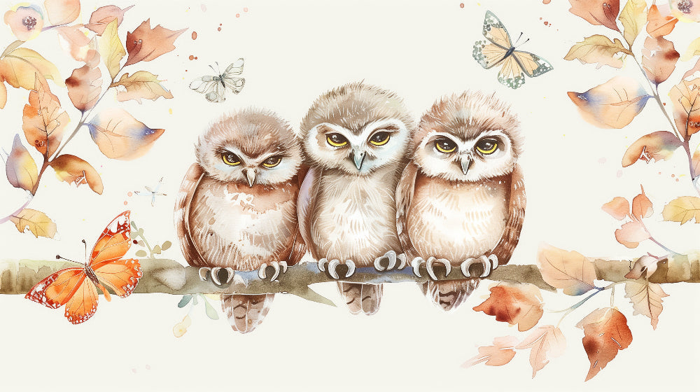 Detailed owls forest mural wallpaper design pattern with autumn trees and butterflies by Kids-Mundo