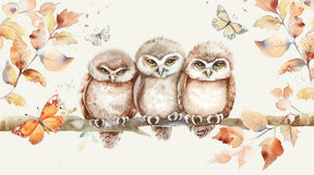 Detailed owls forest mural wallpaper design pattern with autumn trees and butterflies by Kids-Mundo