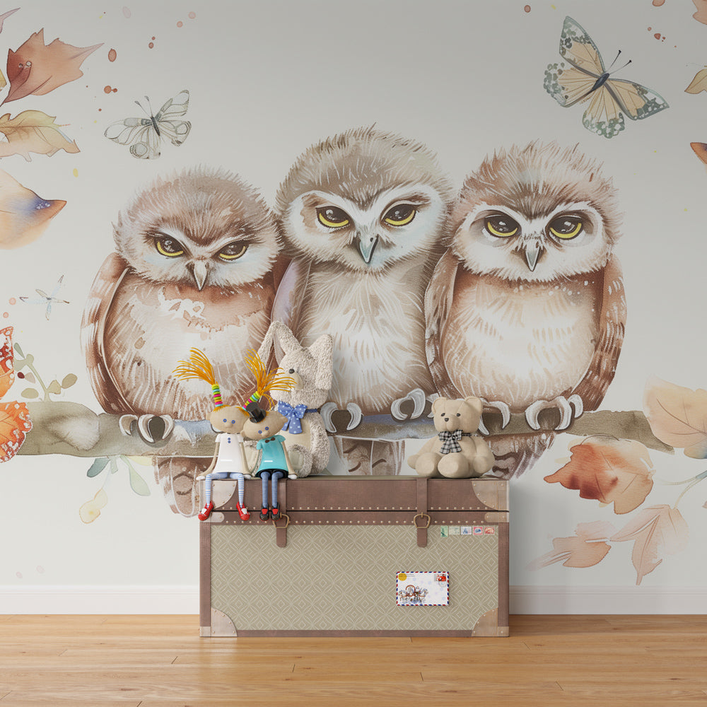 Forest animals mural wallpaper featuring curious owls in children's playroom setting