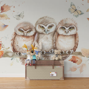 Forest animals mural wallpaper featuring curious owls in children's playroom setting