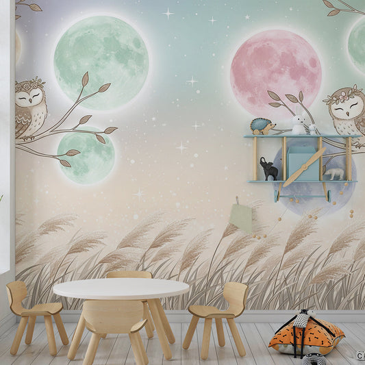 Kids-Mundo sleepy owl wall mural with glowing moons covering a feature wall in a kids' bedroom