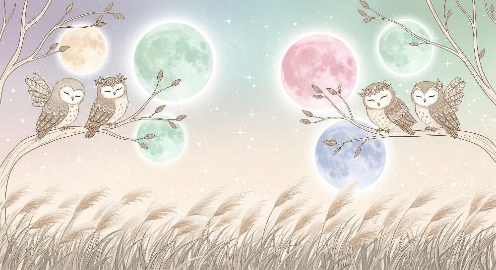 Owls Under Pastel Moons Wall Mural