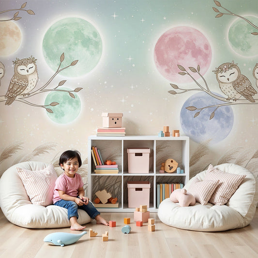Kids-Mundo owls and pastel moons wall mural styled behind a cot in a soft, dreamy nursery