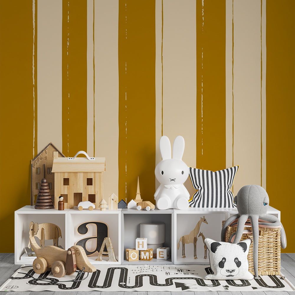 Kids-Mundo mustard and cream striped wallpaper mural in a playful playroom