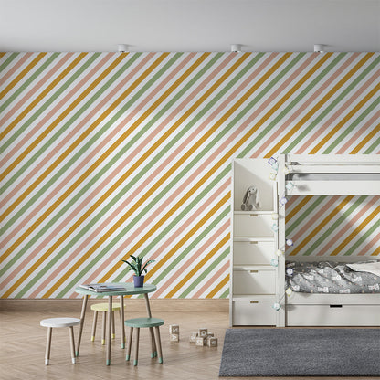 Kids-Mundo blush and sage stripe wall mural covering a feature wall in a bedroom