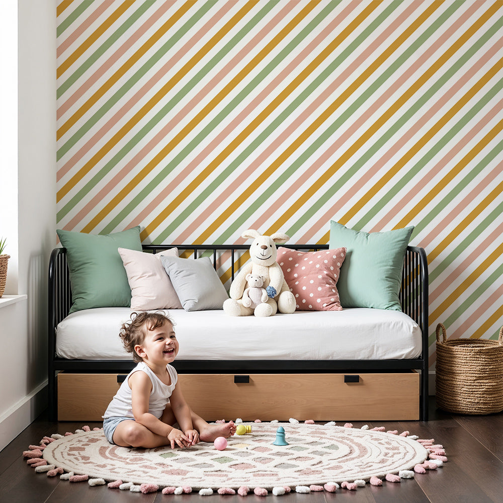Kids-Mundo painterly diagonal stripe wall mural in a bright, airy nursery