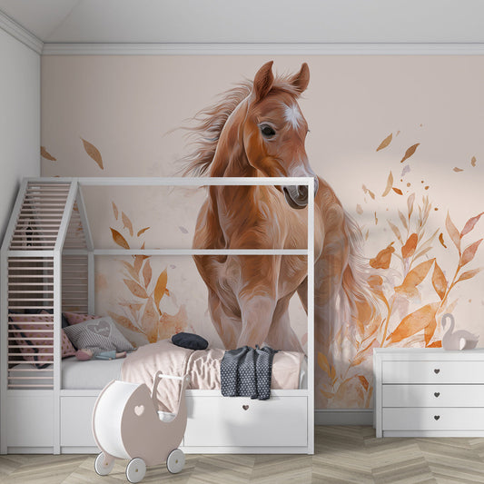 Kids-Mundo horse and autumn leaves wall mural decorating a child's bedroom wall