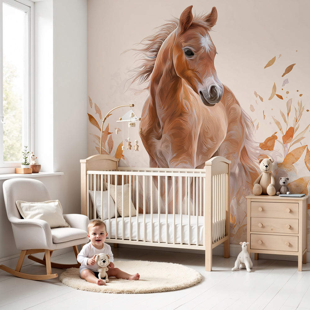 Kids-Mundo painterly horse wall mural with autumn leaves in a warm baby nursery