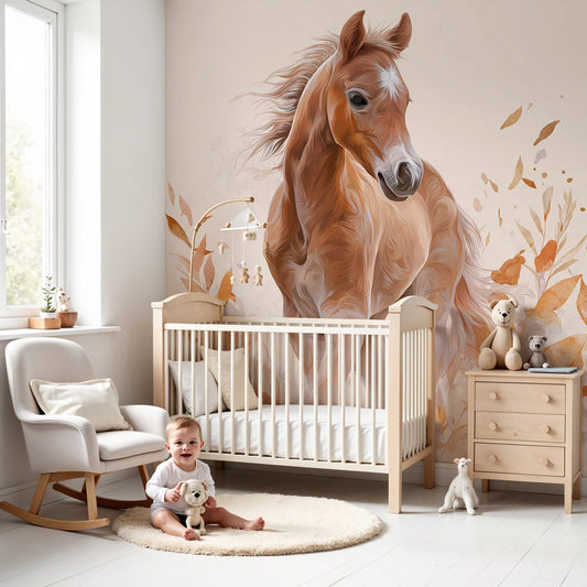 Kids-Mundo painterly horse wall mural with autumn leaves in a warm baby nursery