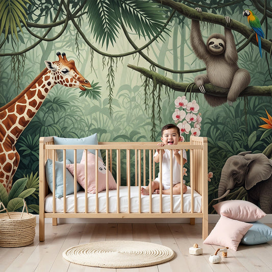 Kids-Mundo painterly jungle wall mural with giraffe and sloth in a stylish nursery