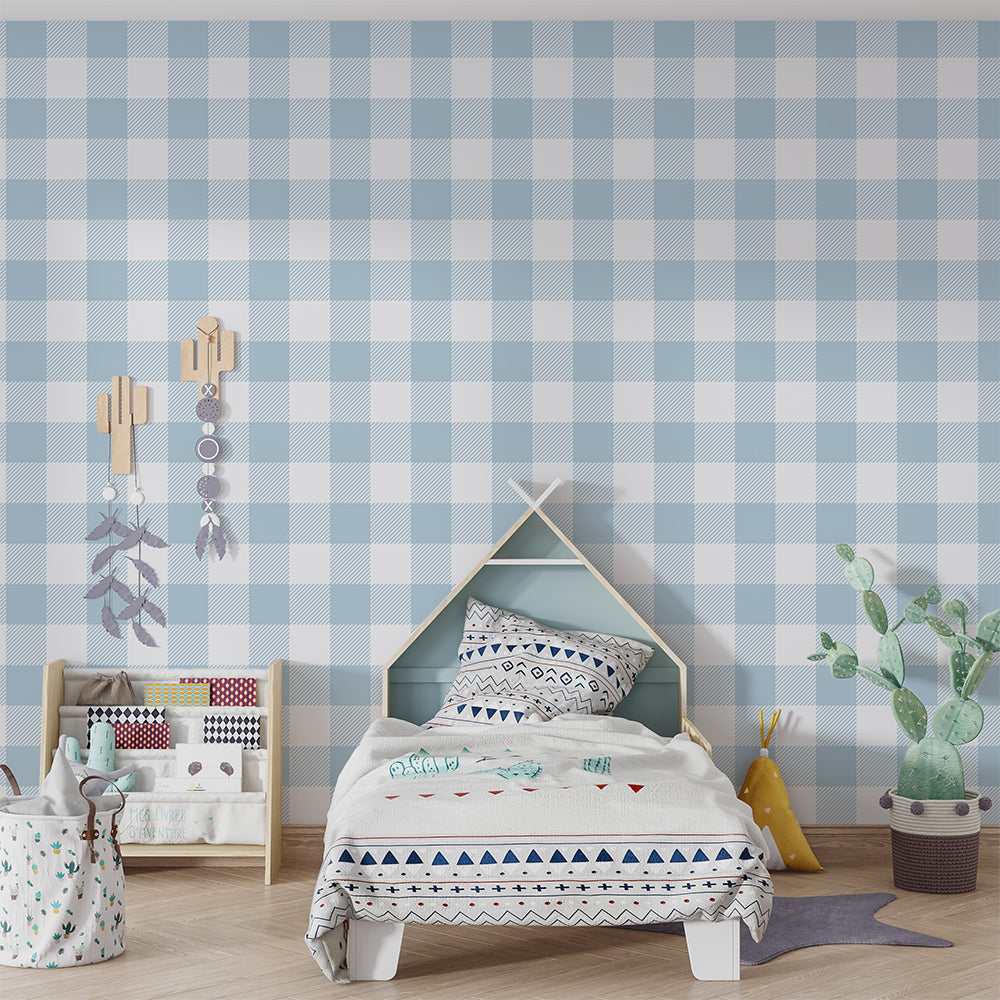 Kids-Mundo gingham check wall mural behind a bed in a cosy kids' bedroom setting