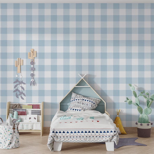 Kids-Mundo gingham check wall mural behind a bed in a cosy kids' bedroom setting