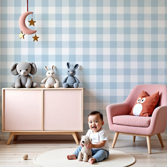 Kids-Mundo pale blue gingham wall mural styled behind a cot in a calm nursery