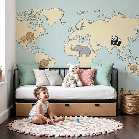 Kids-Mundo pale yellow world map wall mural in a soft blue nursery with cot