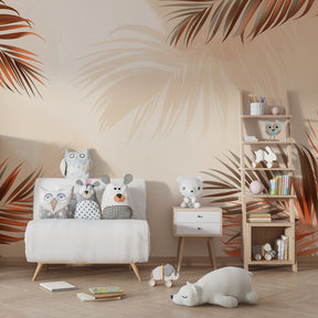 Warm orange and beige palm leaf mural wallpaper transforming children's playroom into tropical oasis