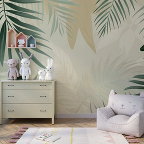 Green palm leaf wallpaper creating peaceful atmosphere in children's bedroom decor