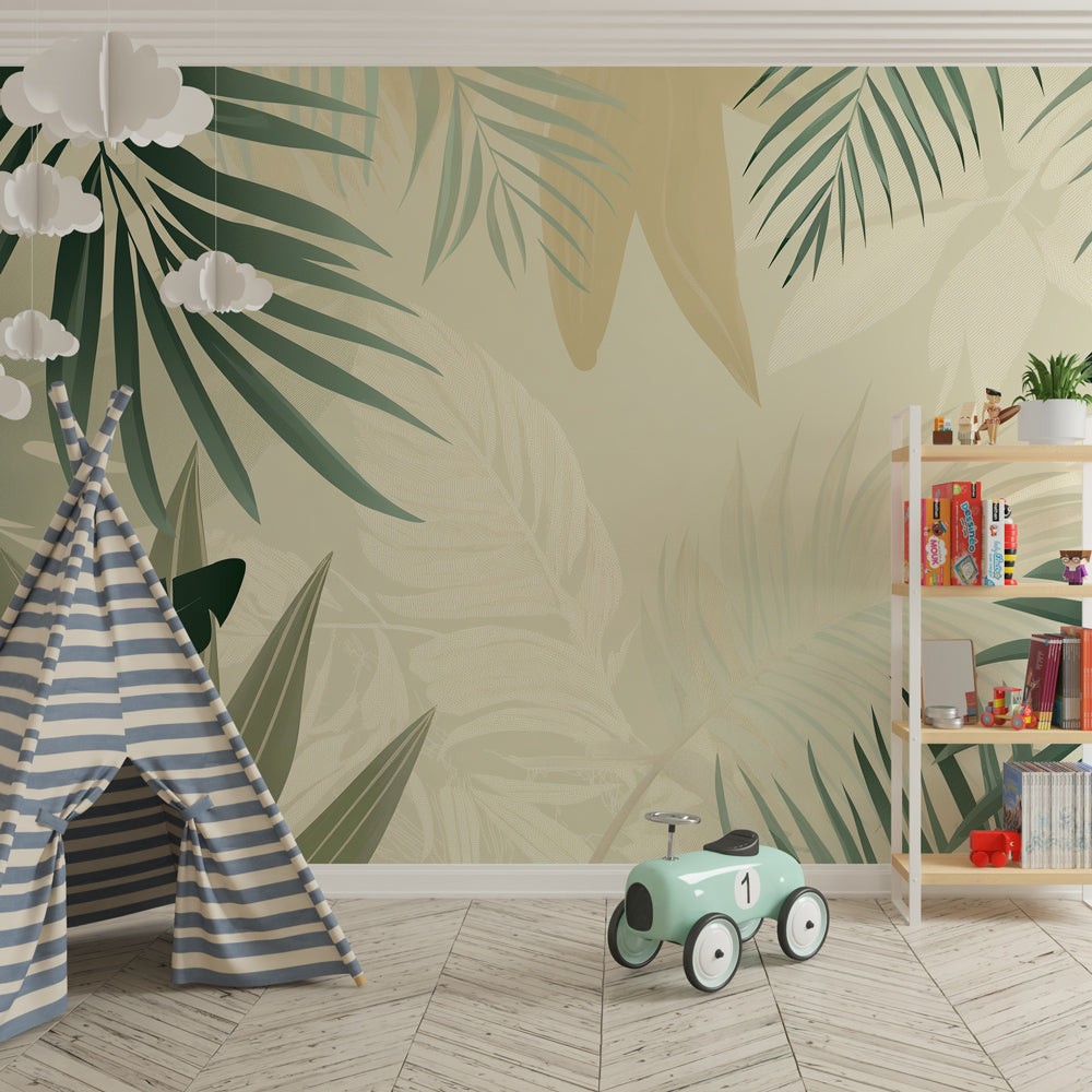 Delicate botanical wallpaper with palm fronds in kids room interior by Kids-Mundo
