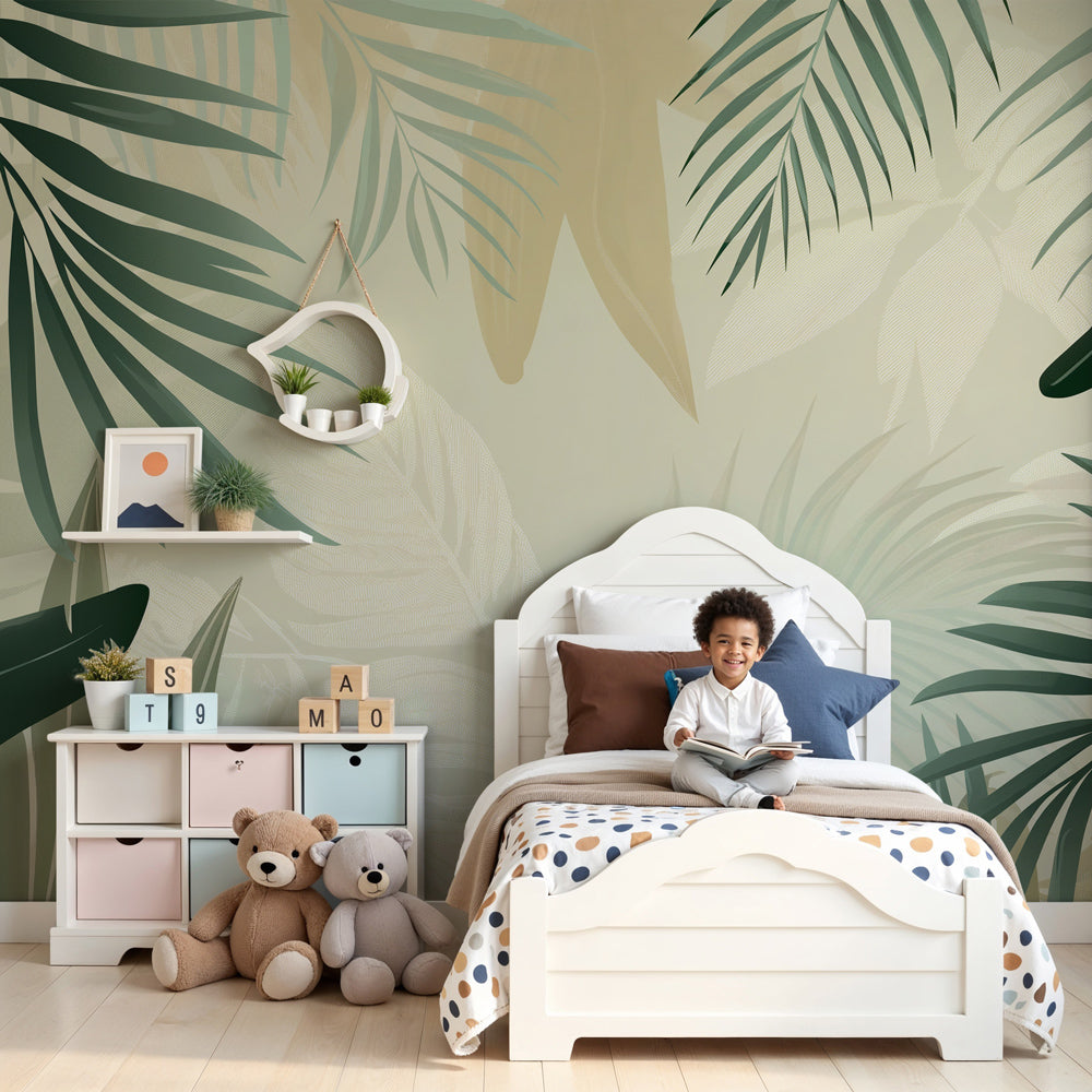 Palm leaf mural wallpaper in modern nursery with natural wood crib by Kids-Mundo