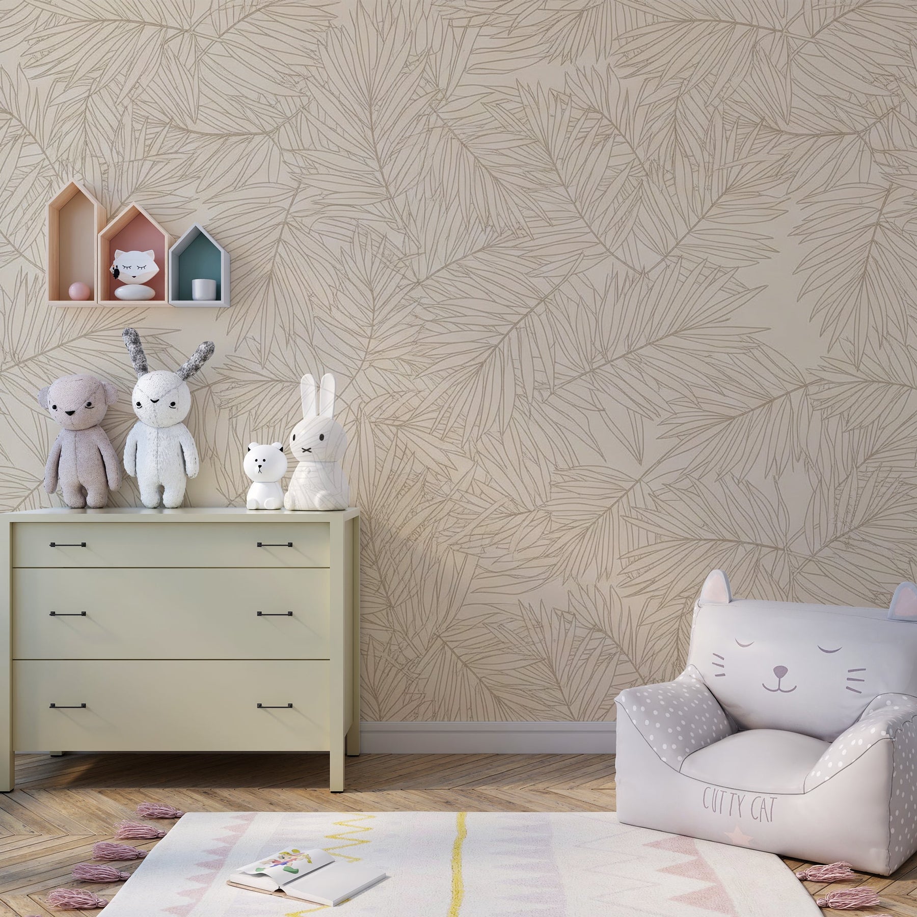 Botanical palm leaves mural wallpaper transforming children's playroom space