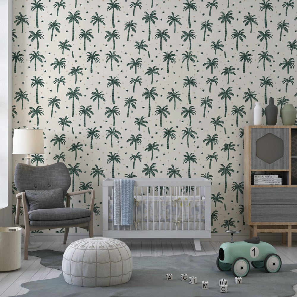 Tropical palm tree wallpaper transforming children's bedroom into serene oasis with cream background
