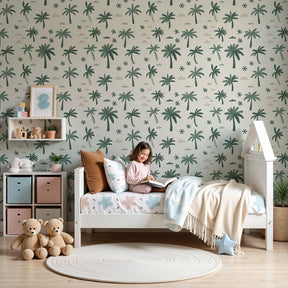 Tropical palm tree mural wallpaper creating serene nursery decor with soft green and beige tones by Kids-Mundo