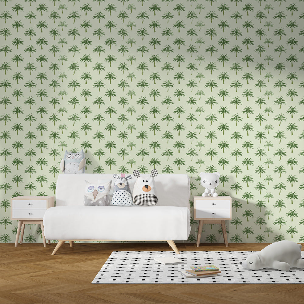 Palm tree mural wallpaper accent wall in colorful kids playroom with tropical theme