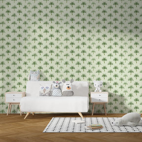 Palm tree mural wallpaper accent wall in colorful kids playroom with tropical theme