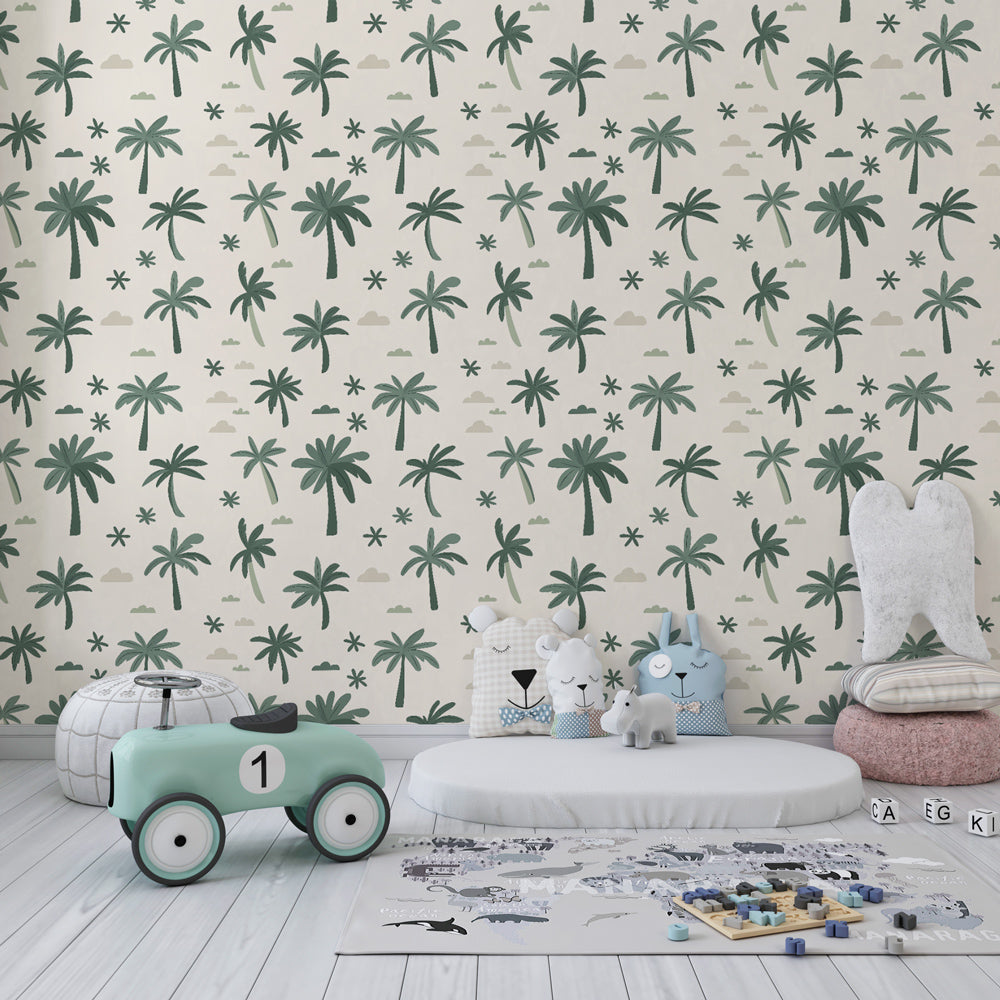 Calming tropical mural wallpaper with palm trees and clouds for toddler room by Kids-Mundo