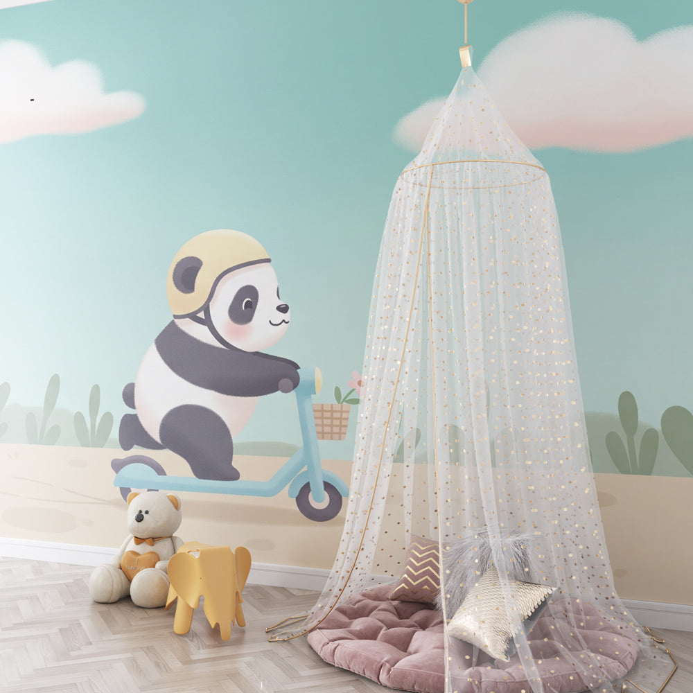 Charming panda scooter mural wallpaper transforming children's bedroom into adventure space
