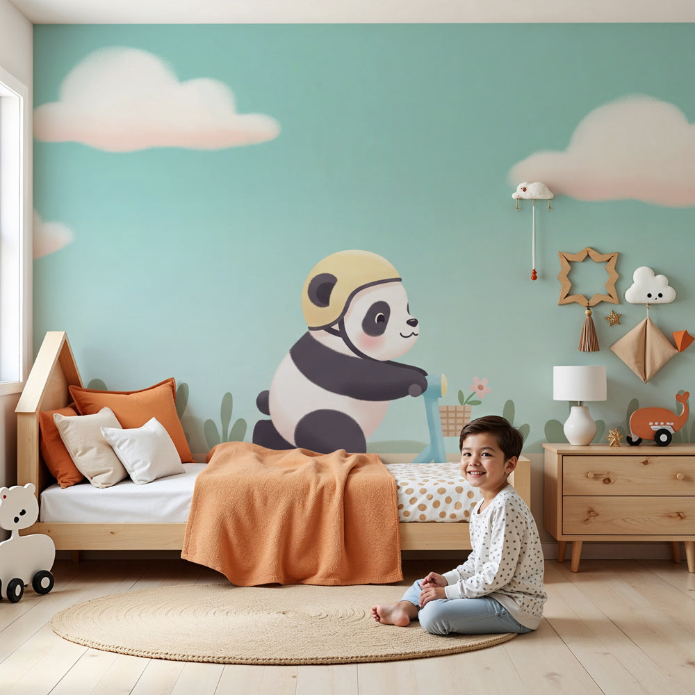 Panda adventure mural wallpaper creating magical nursery decor with scooter riding panda by Kids-Mundo