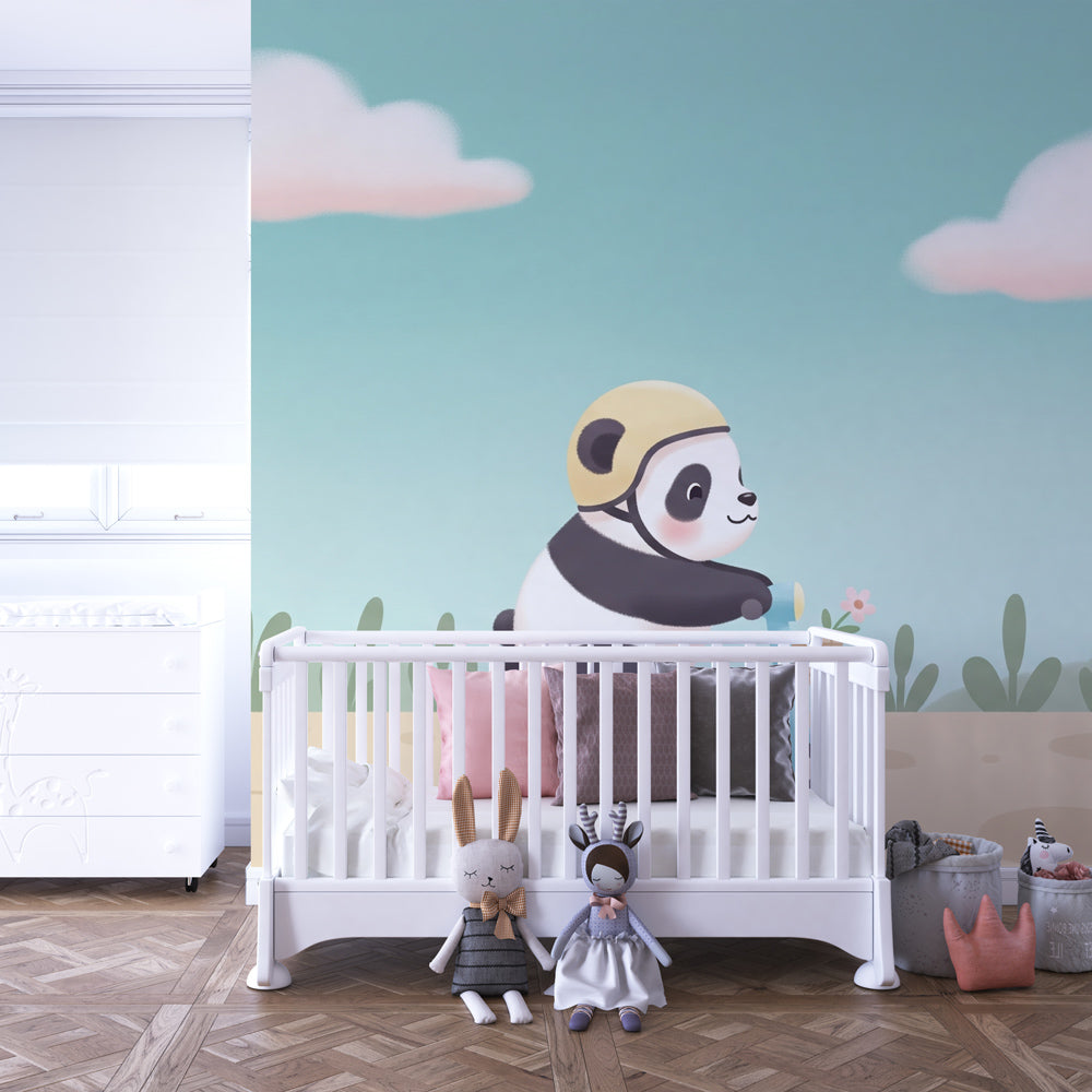 Kids playroom featuring panda adventure mural wallpaper with blue sky and cloud design