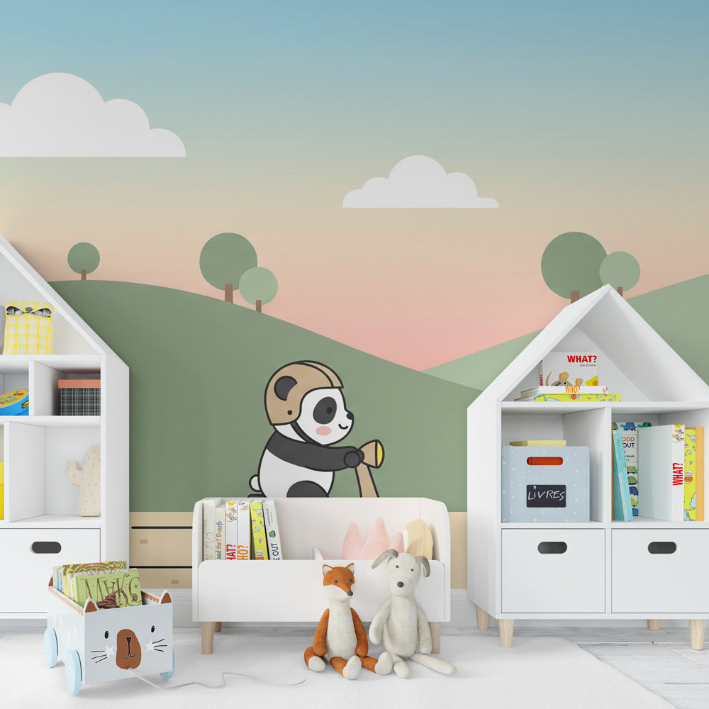 Adventure themed panda wallpaper transforming toddler room with rolling hills design