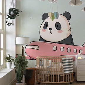 Flying panda pilot wallpaper creating magical adventure atmosphere in children's bedroom decor