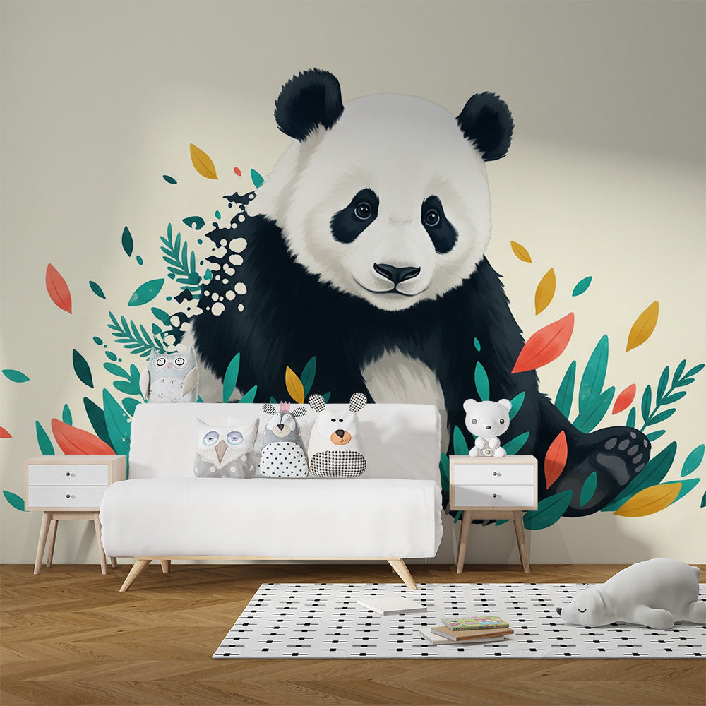 Kids-Mundo panda wall mural styled in a kids bedroom, adding teal, coral and mustard leaf colour to the wall.