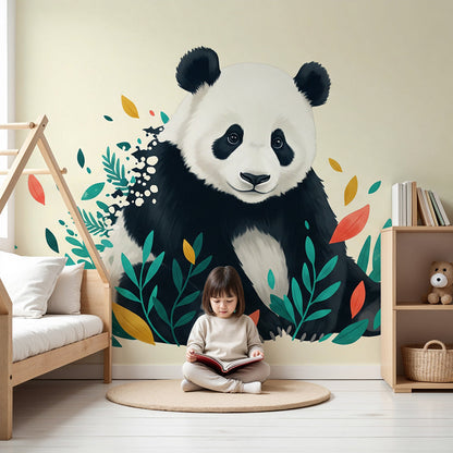 Kids-Mundo panda wall mural in a bright nursery, made to measure with colourful leaves and a friendly panda.