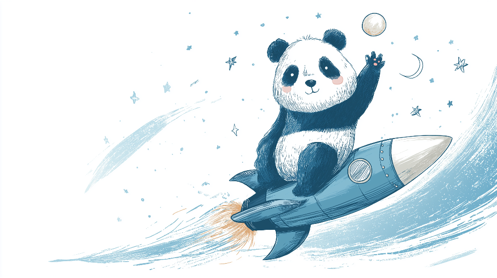 Kids-Mundo flat artwork of a panda astronaut riding a rocket through a starry blue sky