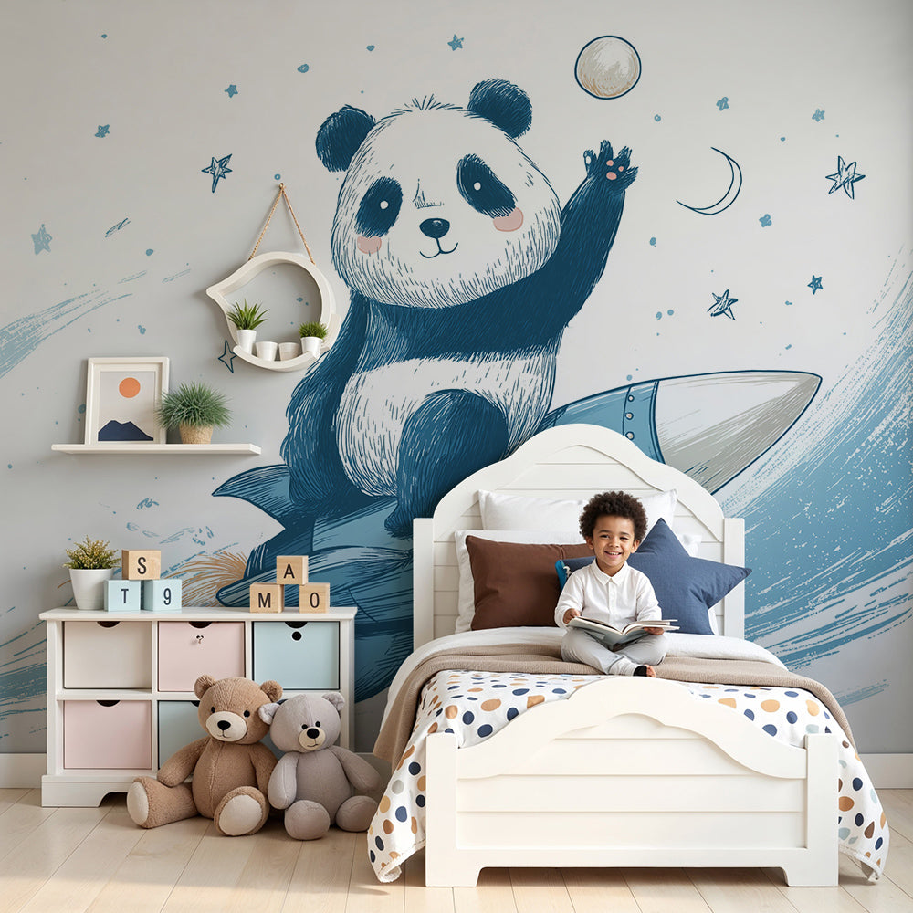 Kids-Mundo panda astronaut rocket wall mural styled in a soft blue nursery with a cot and starry accents