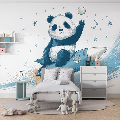 Kids-Mundo rocket and panda wall mural brightening a playroom wall with toys nearby